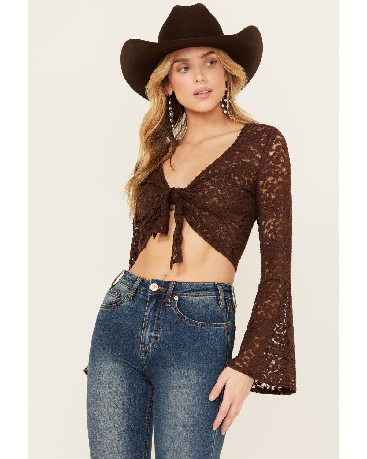 Image #1 - Shyanne Women's Lace Tie Front Bell Sleeve Top, Dark Brown, hi-res