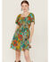 Angie Women's Mint Floral Short Sleeve Smocked Dress, Green, hi-res