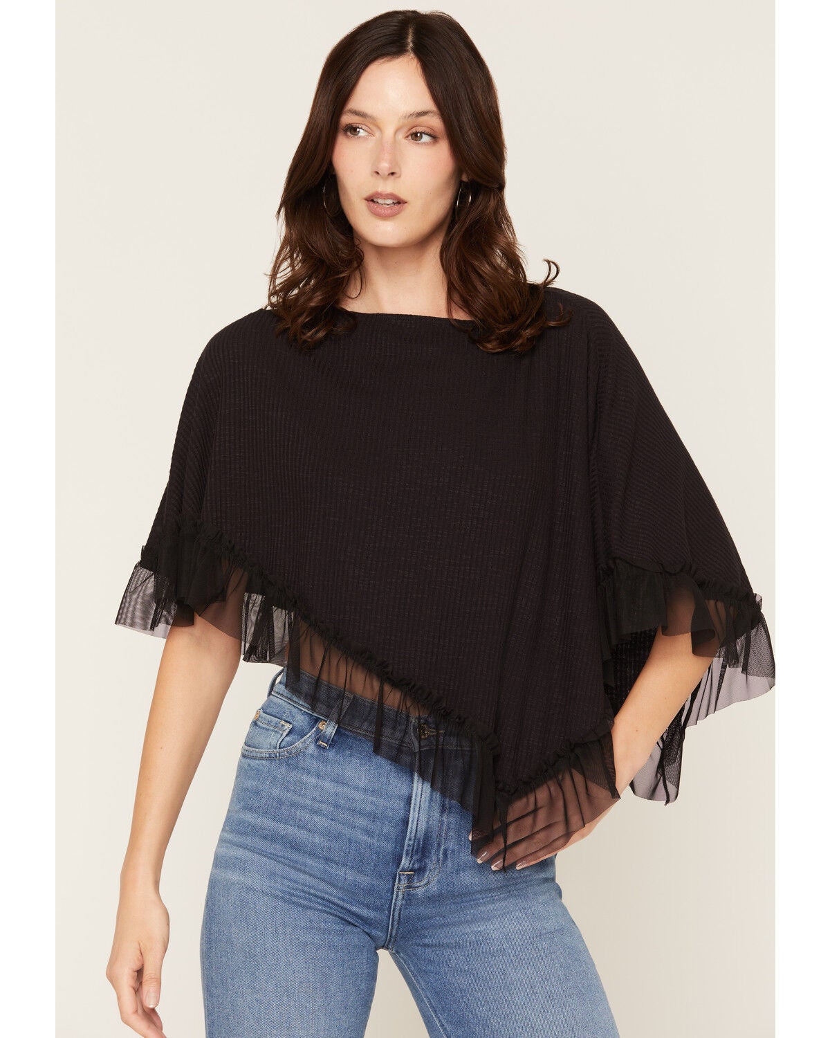 Image #1 - Wild Moss Women's Ruffle Trim Poncho, Black, hi-res