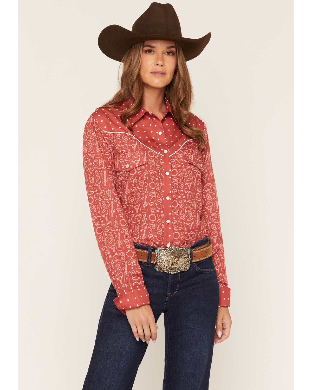 Howdy Hanny Women's Western Conversational Print Long Sleeve Pearl Snap Western Shirt, Rust Copper, hi-res