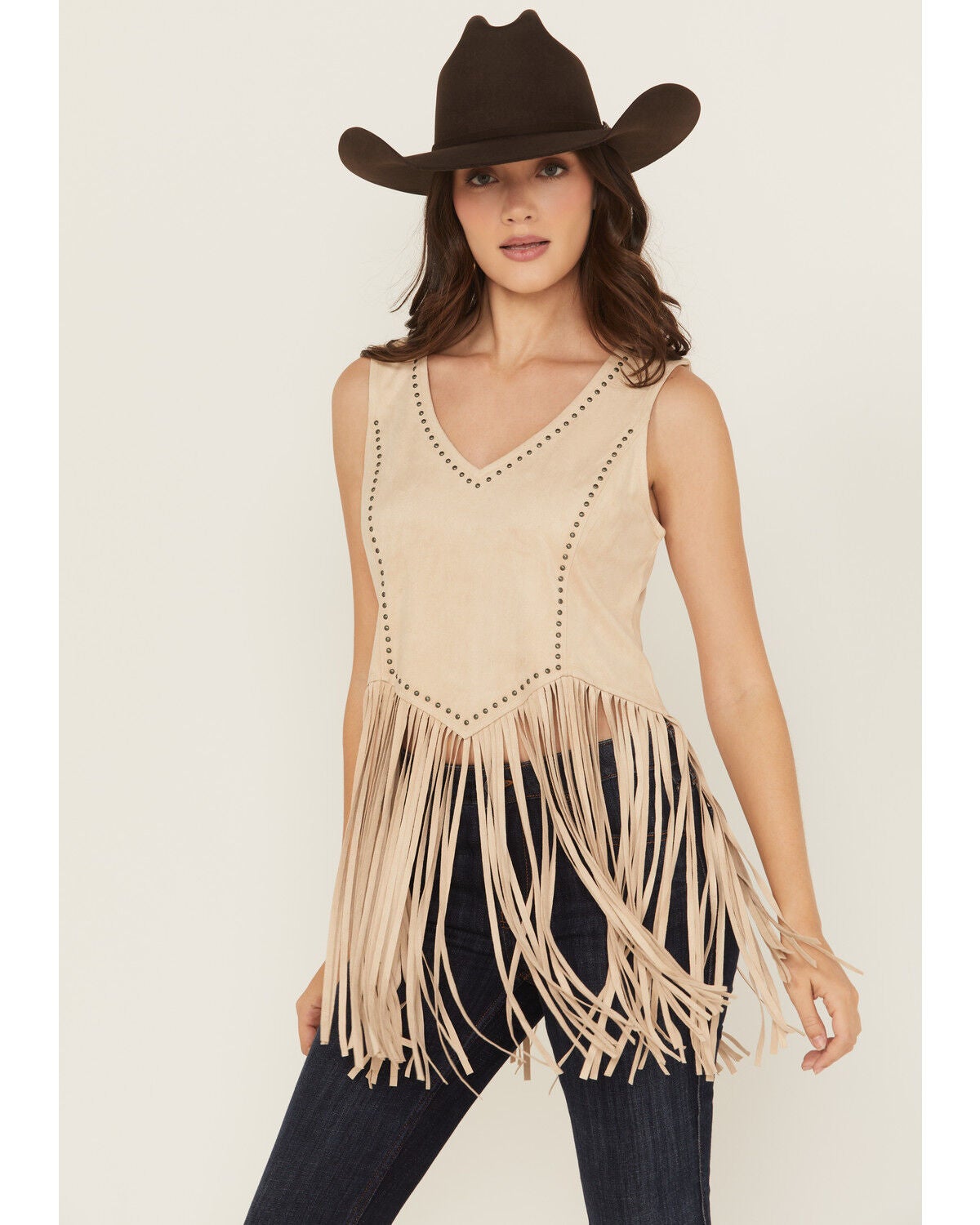 Idyllwind Women's Monticello Fringe Faux Suede Studded Tank, Stone, hi-res