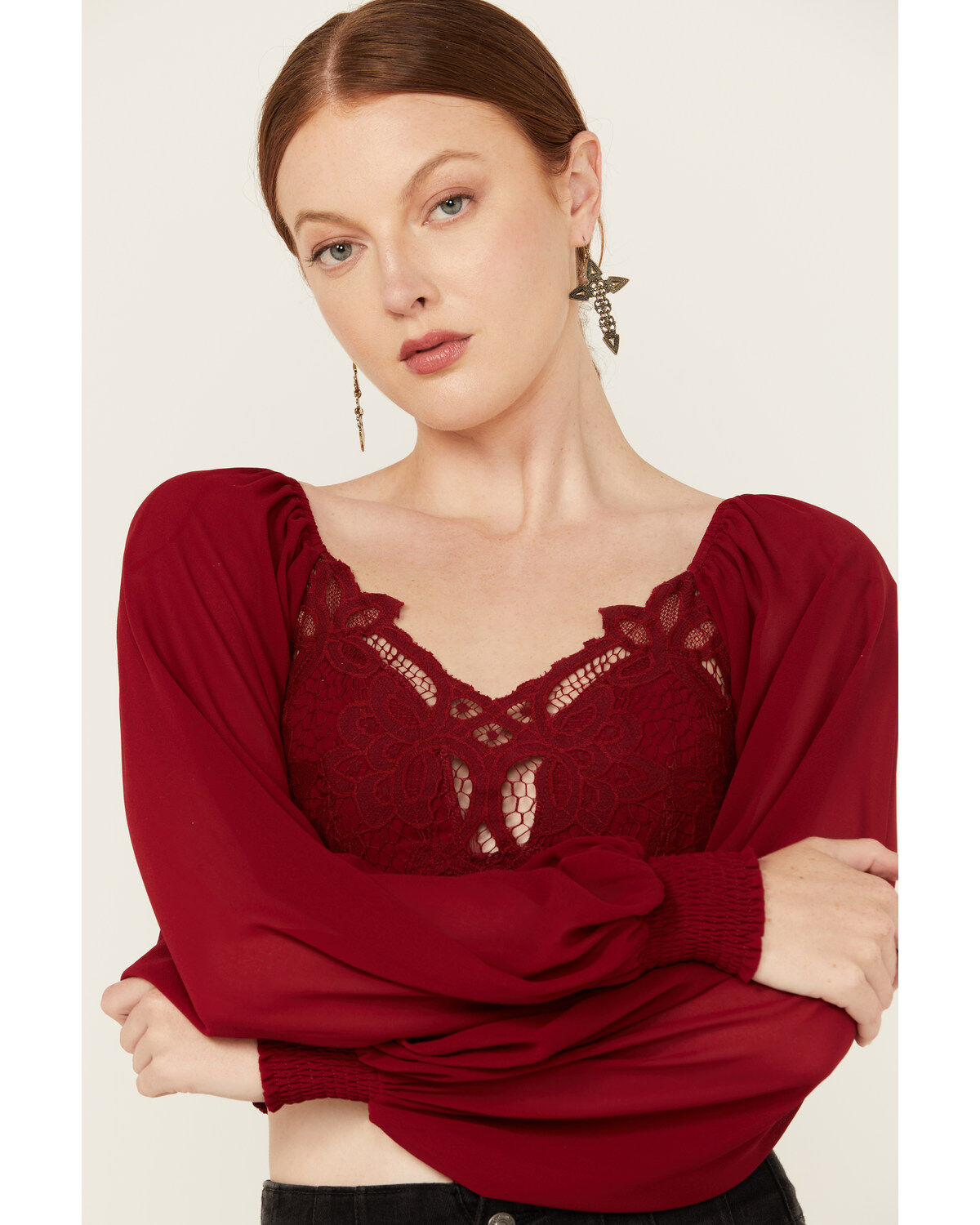 Image #2 - Flying Tomato Women's Crochet Front Long Sleeve Top, , hi-res