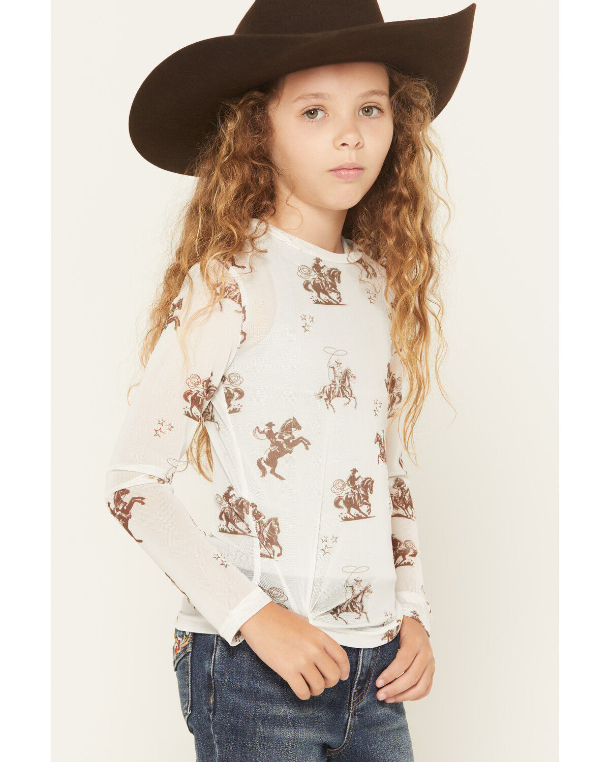 Image #2 - Cowgirl Hardware Girls' Desert Bronc Long Sleeve Mesh Top, White, hi-res