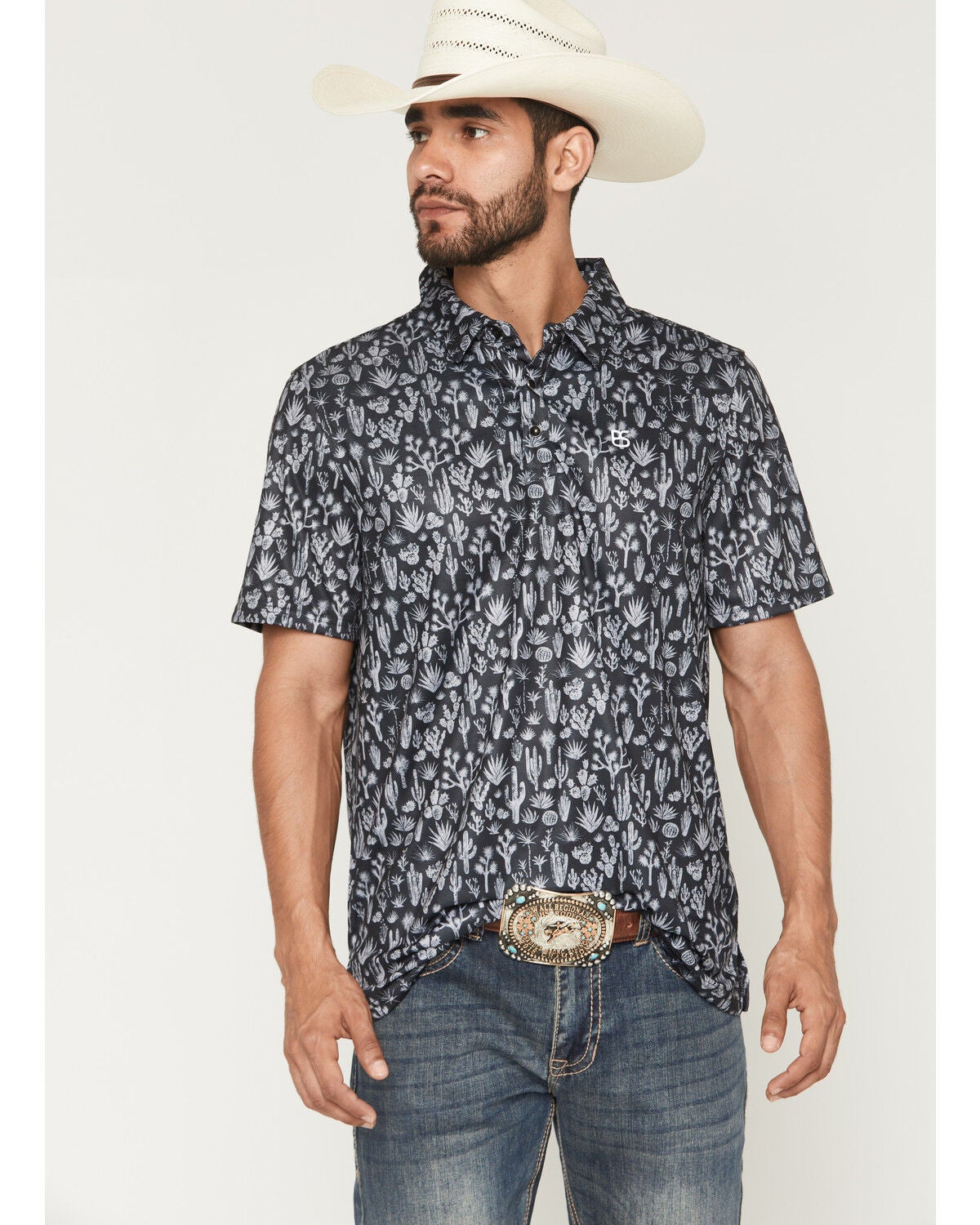 Panhandle Slim Men's Cactus Print Short Sleeve Button-Down Polo Shirt, Black, hi-res