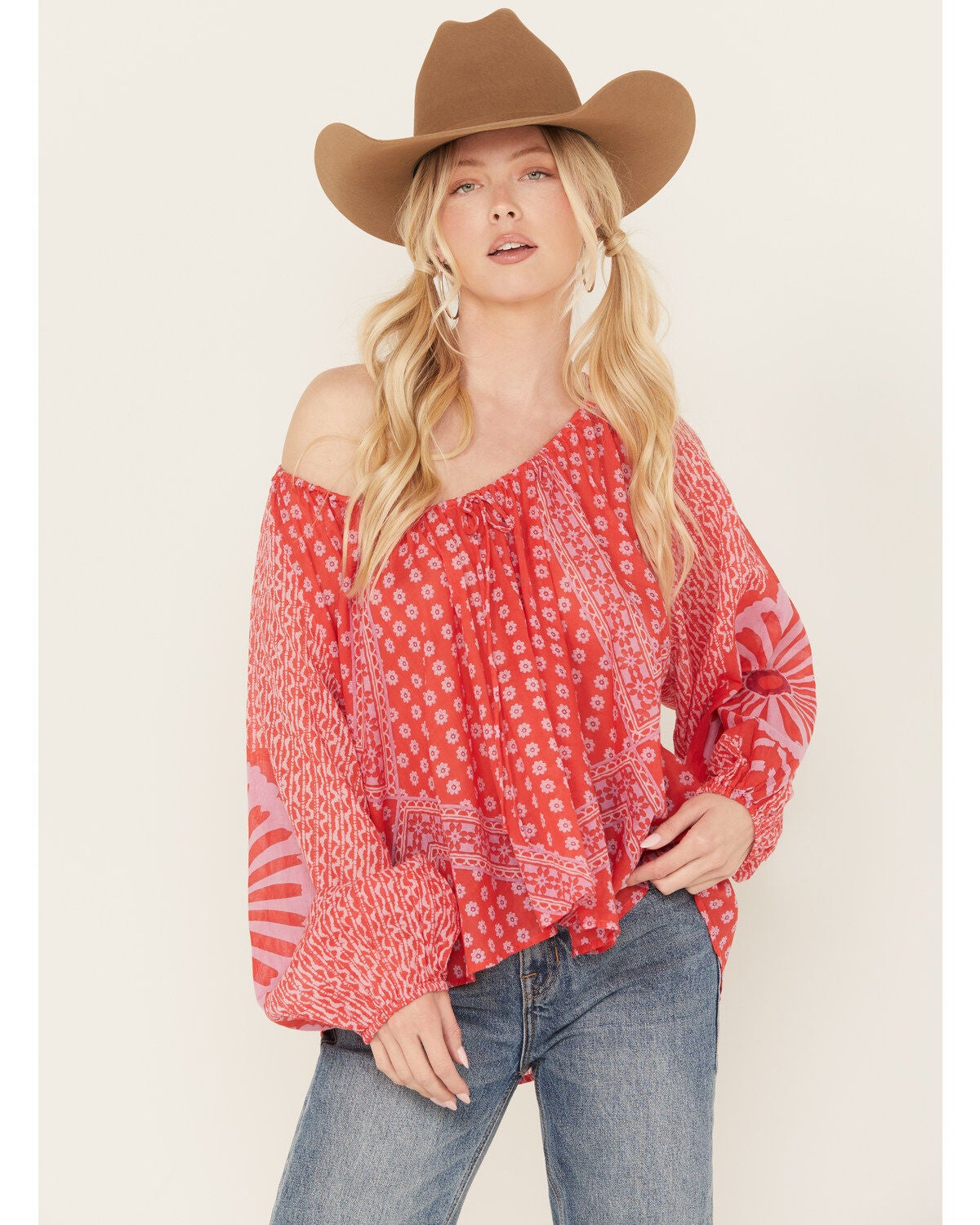 Free People Women's Elena Printed Top, Red, hi-res