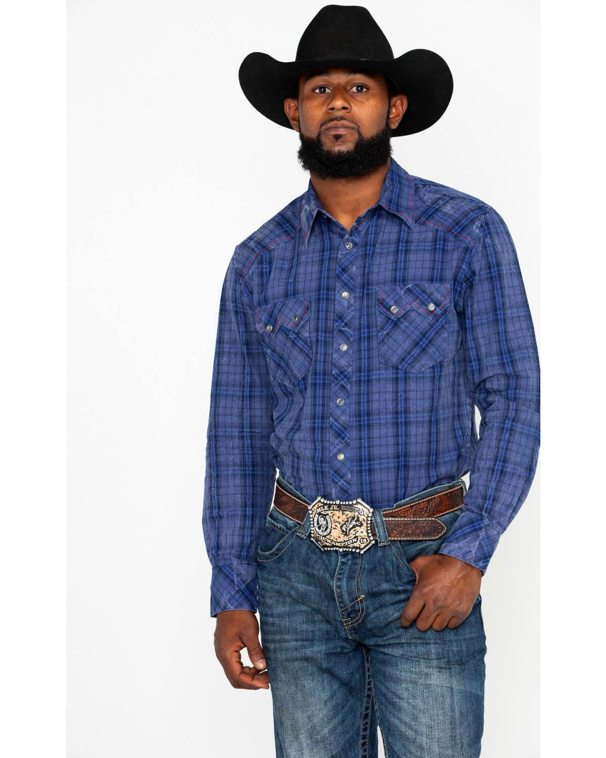 Image #1 - Rock & Roll Denim Men's Plaid Print Long Sleeve Western Shirt, Light Blue, hi-res