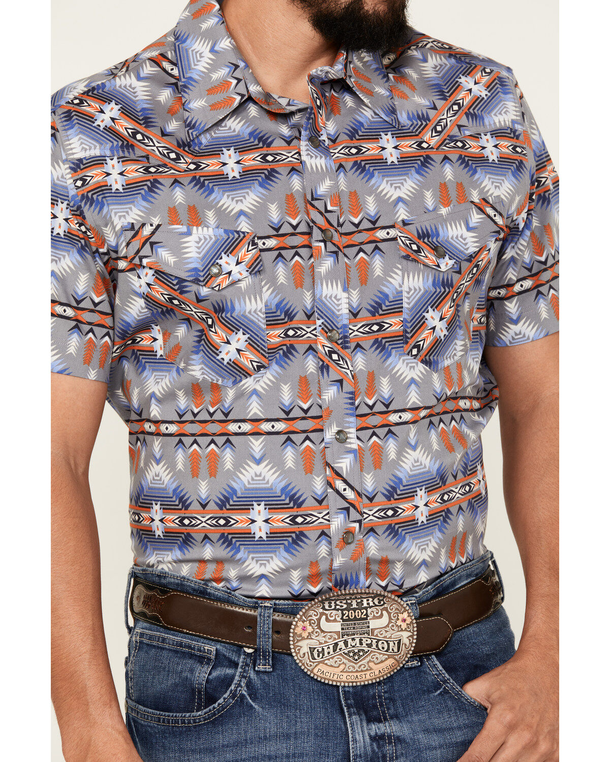 Image #3 - Rock & Roll Demin Men's Southwestern Print Short Sleeve Pearl Snap Stretch Western Shirt, Grey, hi-res
