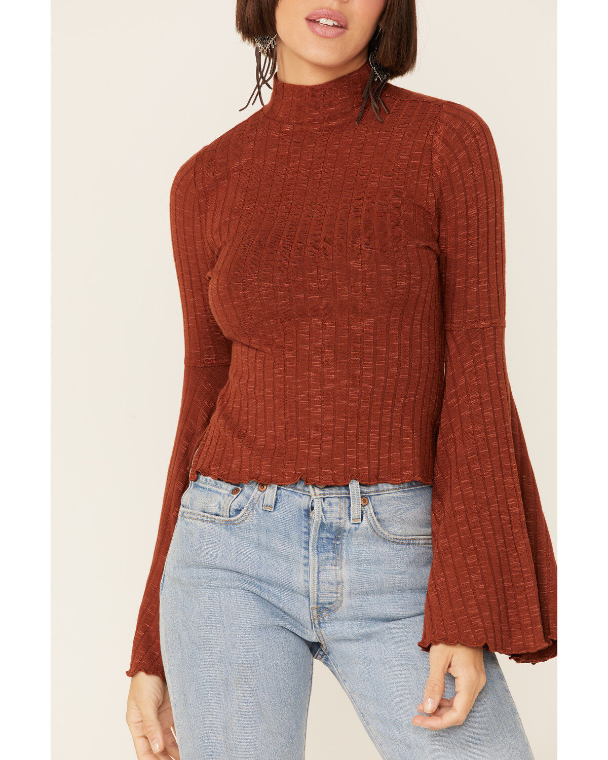 Image #2 - Shyanne Women's Rib Knit Mock Neck Bell Sleeve Top, , hi-res
