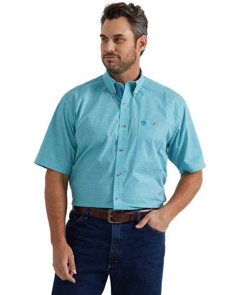George Strait by Wrangler Men's Geo Print Short Sleeve Button-Down Stretch Western Shirt - Tall , Turquoise, hi-res