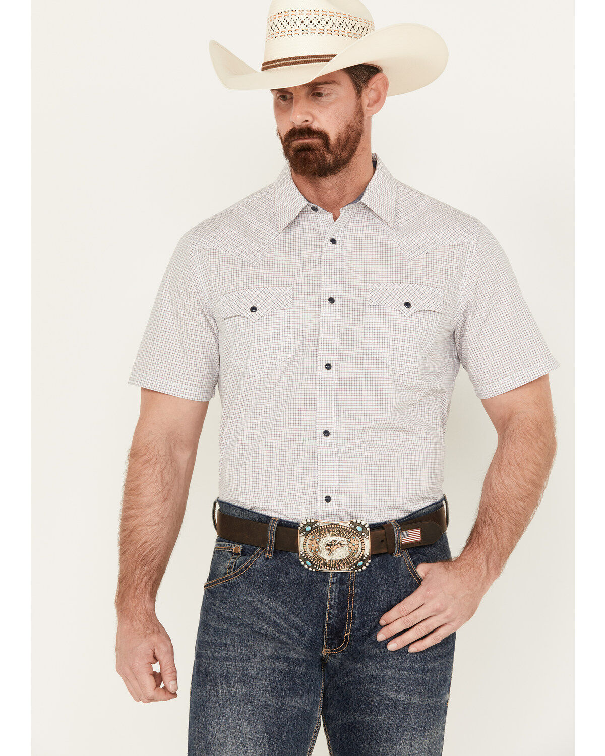 Image #1 - Cody James Men's Lake Travis Plaid Print Short Sleeve Western Snap Shirt, , hi-res