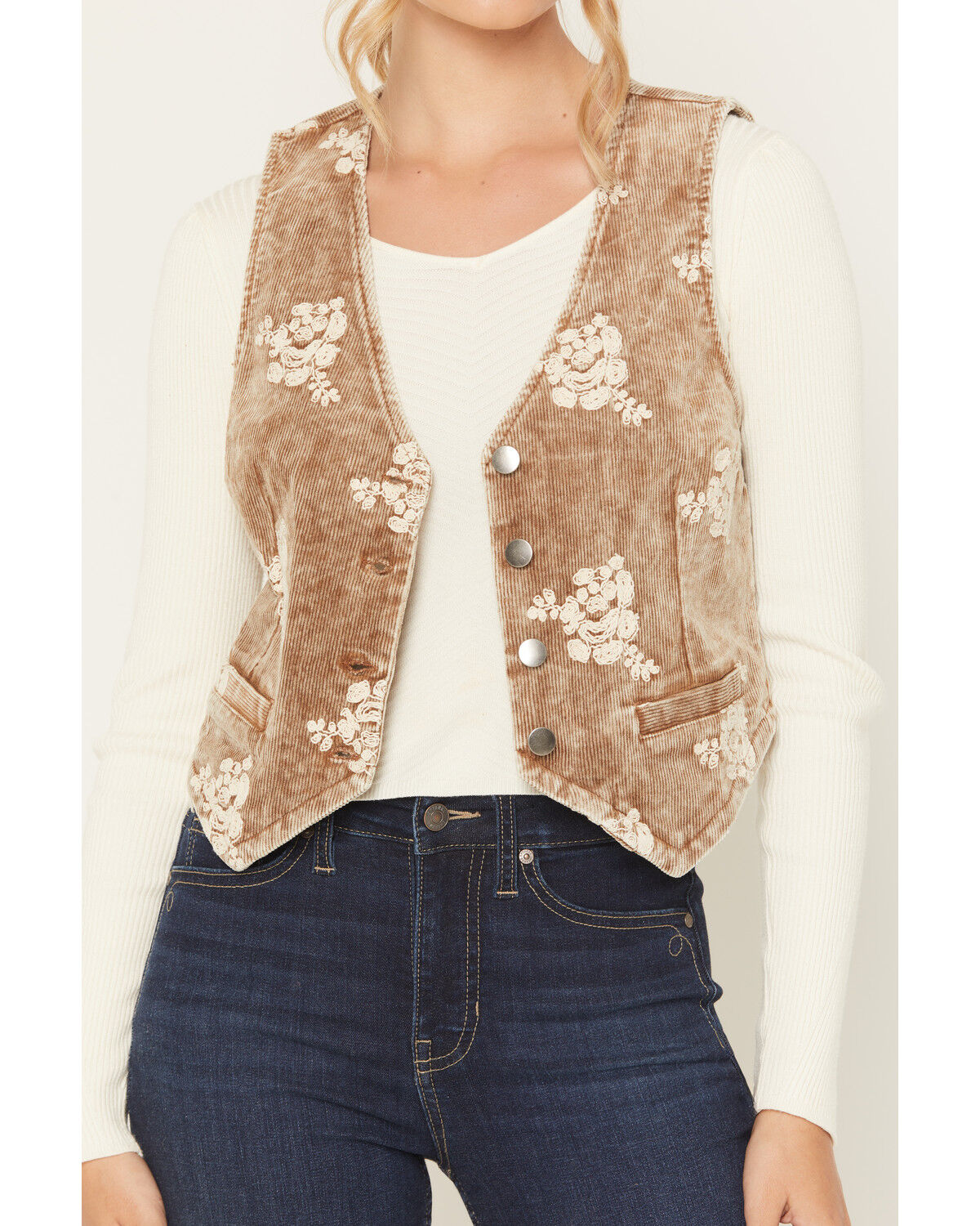 Image #3 - Mystree Women's Corduroy Floral Embroidered Vest, Brown, hi-res