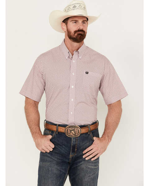 Cinch Men's Geo Print Short Sleeve Button-Down Western Shirt , Pink, hi-res