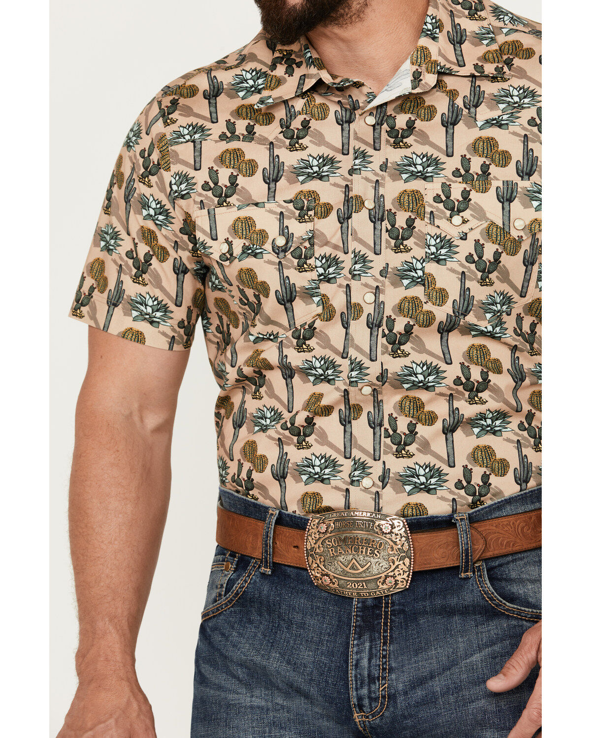 Image #2 - Rock & Roll Denim Men's Cactus Print Stretch Short Sleeve Snap Western Shirt, , hi-res