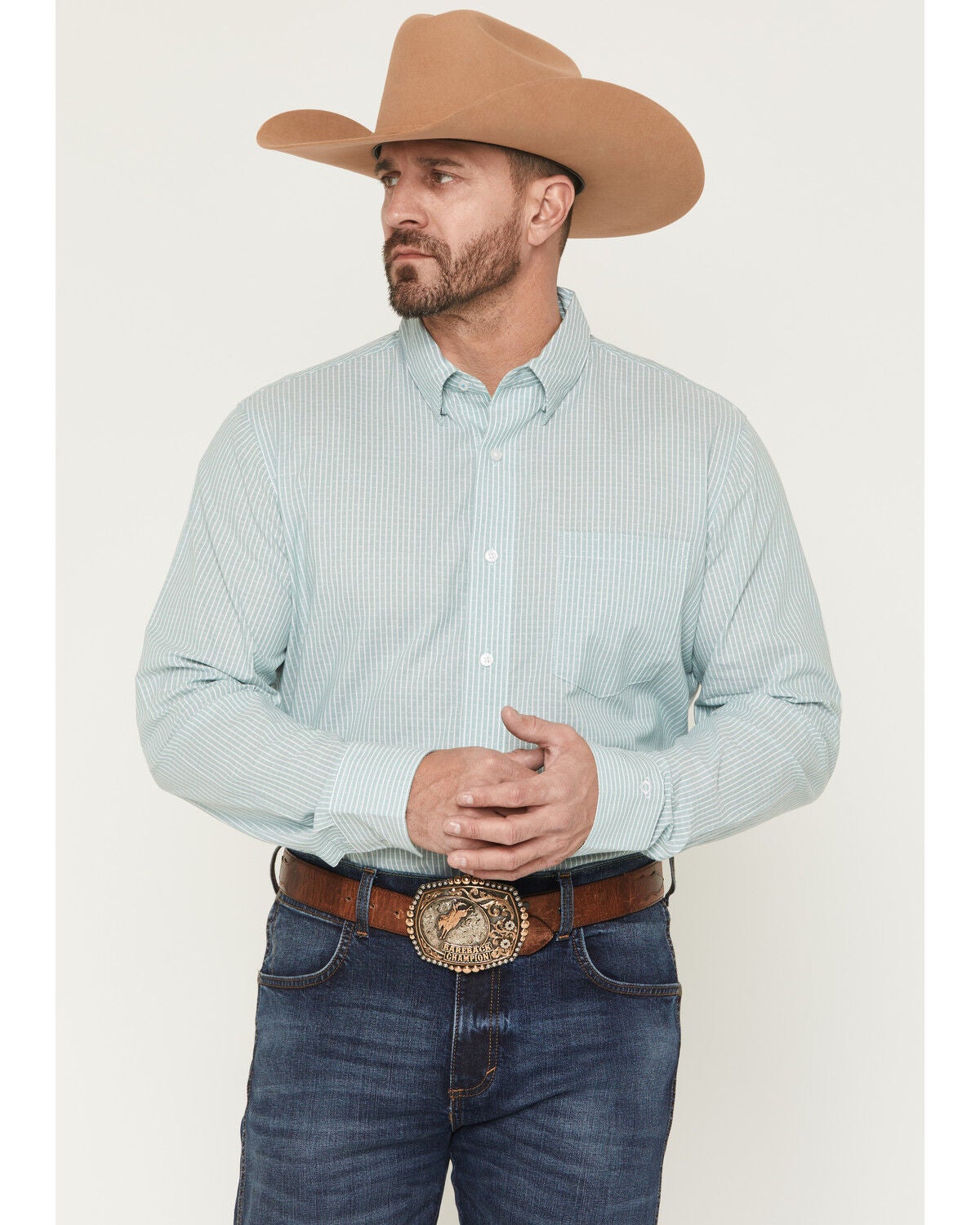 Wrangler X Cody Johnson Men's Striped Long Sleeve Button-Down Western Shirt, Green, hi-res