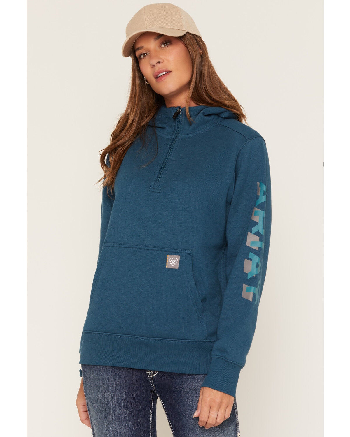 Ariat Women's Rebar Lightweight Logo 1/2 Zip Hooded Pullover, Turquoise, hi-res