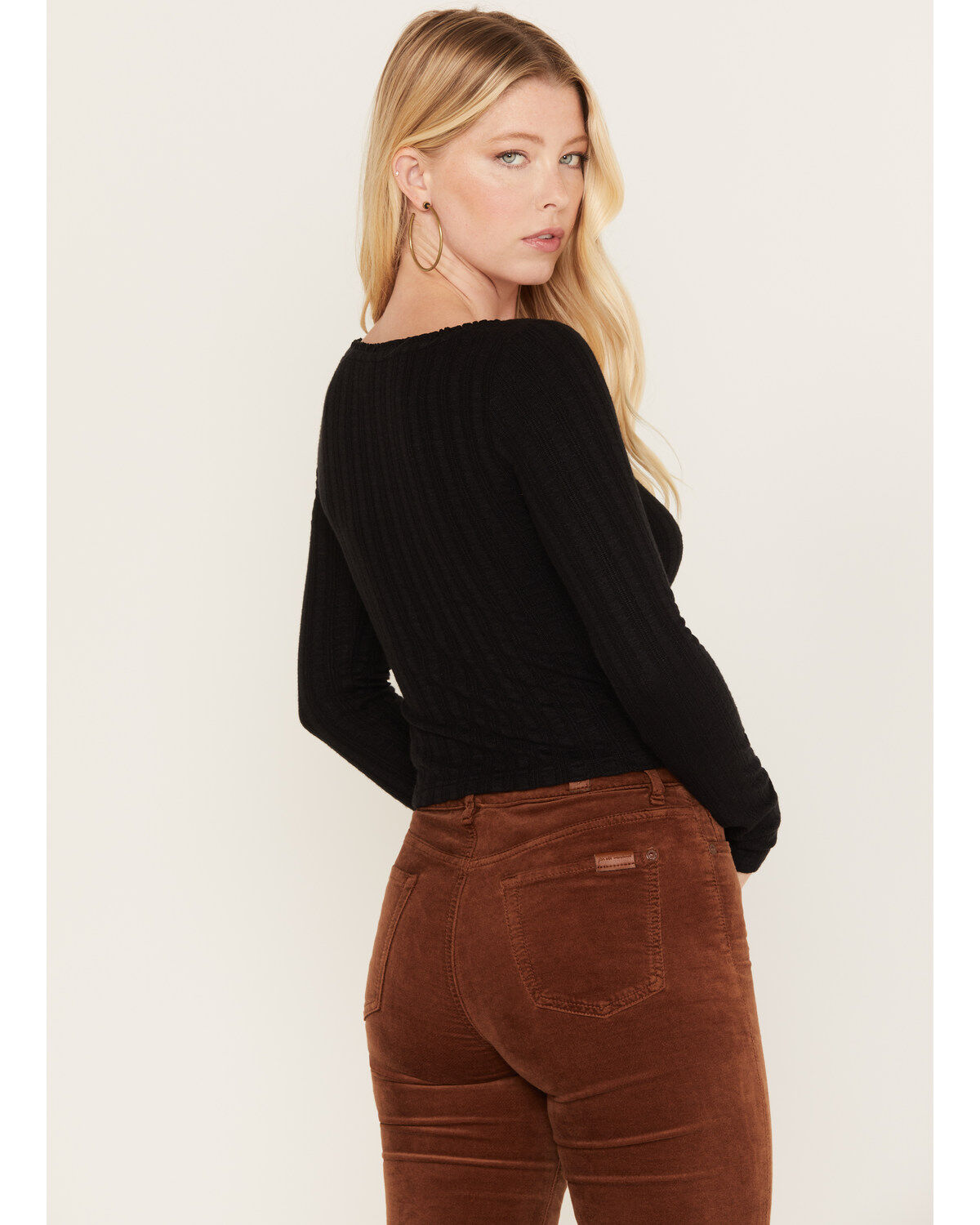 Image #4 - Shyanne Women's Pointelle Ruffle Trim Crop Top, Black, hi-res