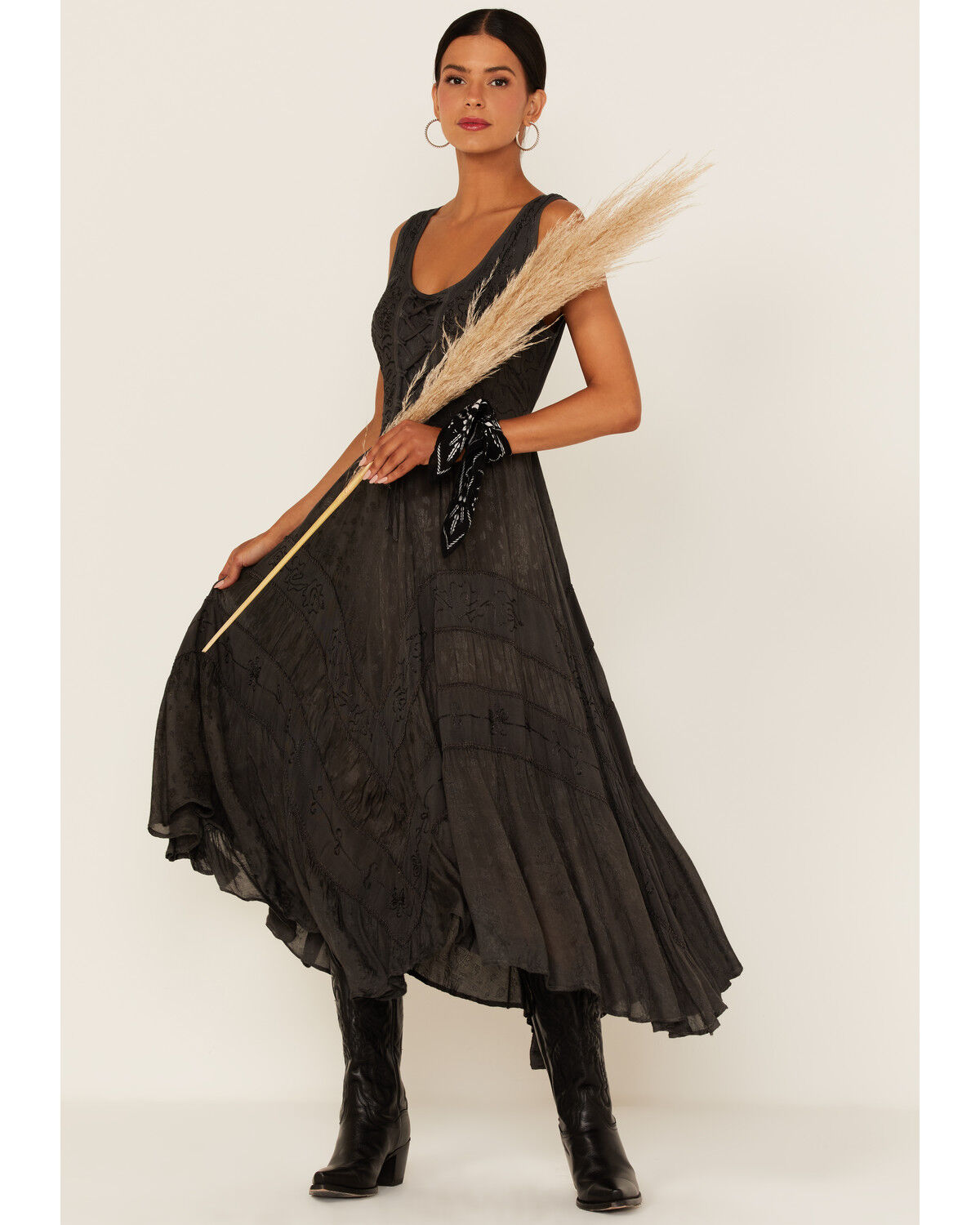 Image #1 - Scully Women's Lace-Up Jacquard Maxi Dress, Charcoal, hi-res