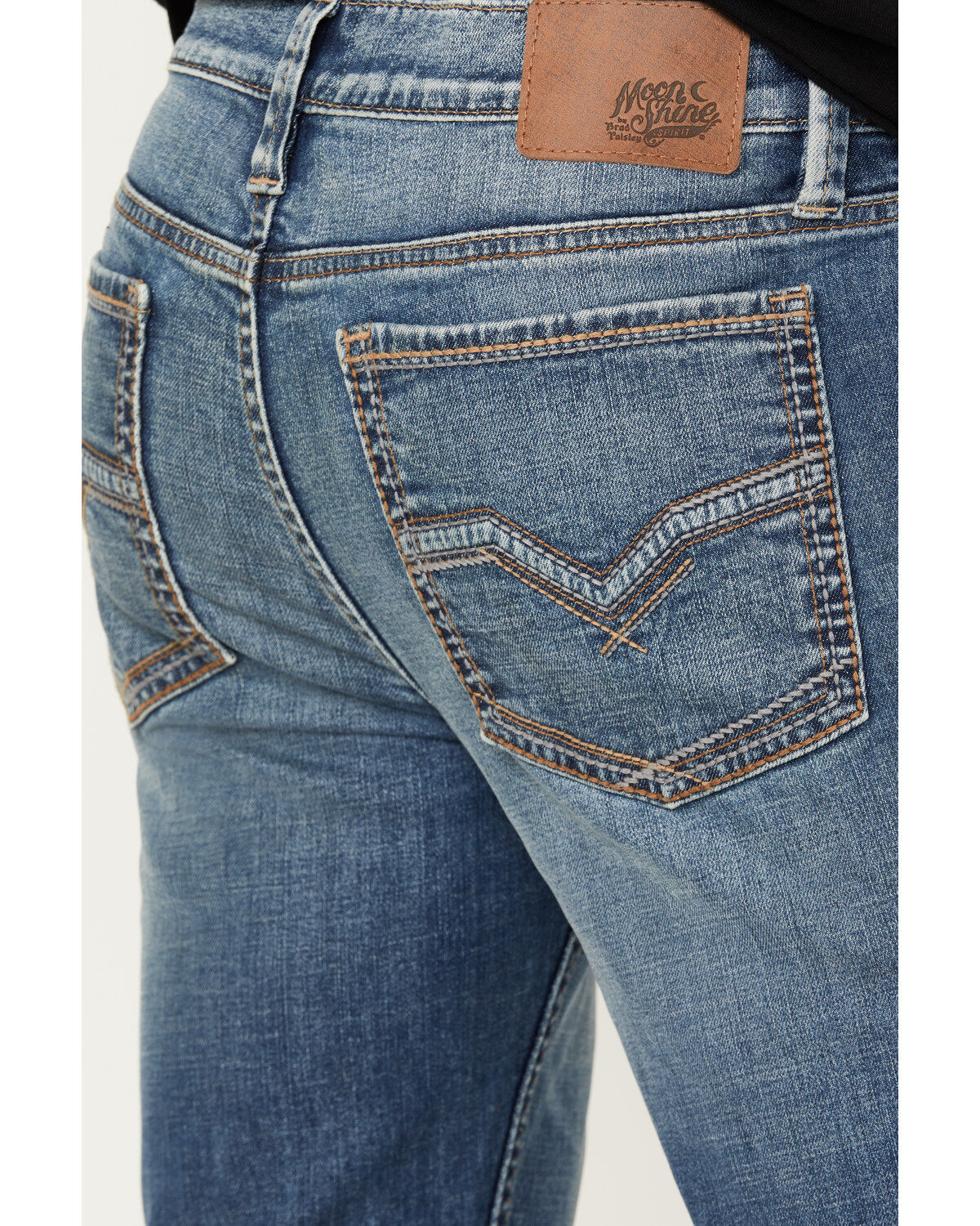 Product Name:  Moonshine Spirit Men's Medium Wash White Lightning Slim Bootcut Stretch Denim Jeans