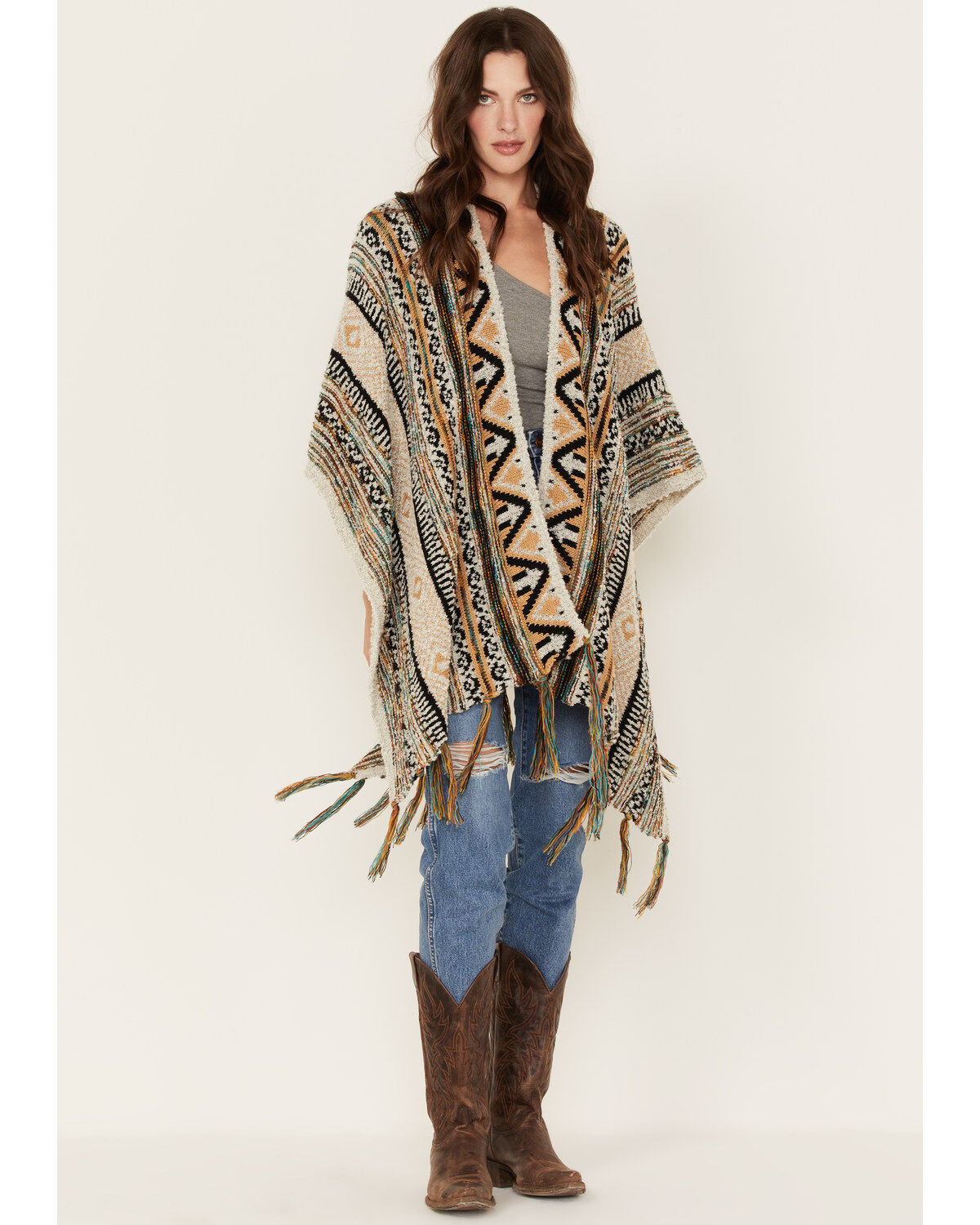 Image #2 - Shyanne Women's Southwestern Print Fringe Sweater Shawl, Sand, hi-res