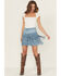 Image #1 - Rock & Roll Denim Women's Embellished Faux Suede Fringe Mini Skirt, Light Blue, hi-res