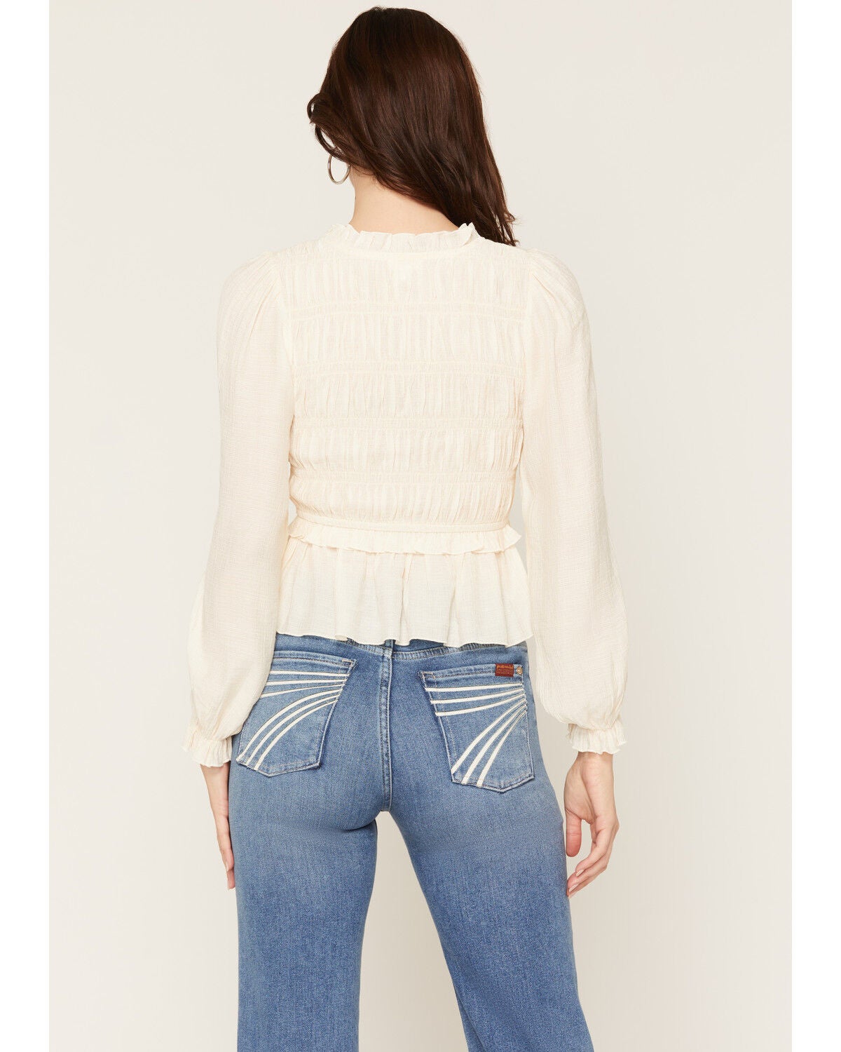 Image #4 - Yura Women's Solid Smocked Long Sleeve Tie-Front Shirt, Cream, hi-res