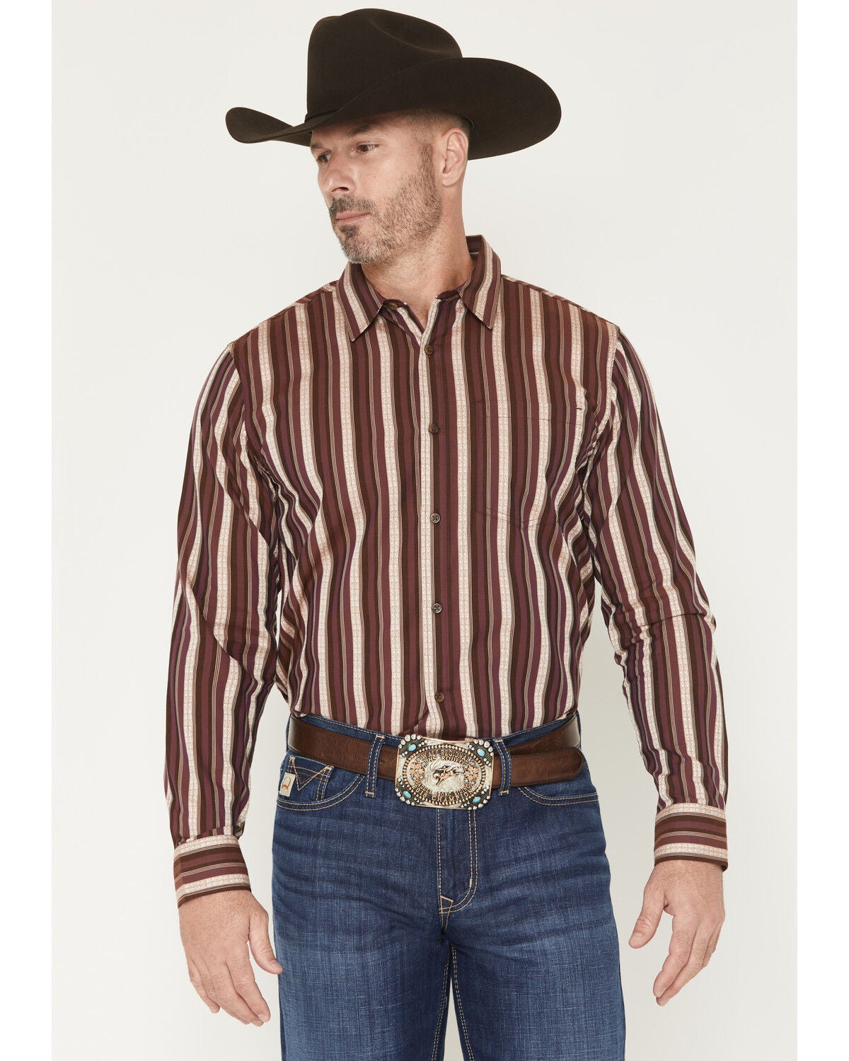 Gibson Trading Co Men's Zenith Striped Print Long Sleeve Button-Down Western Shirt, Purple, hi-res