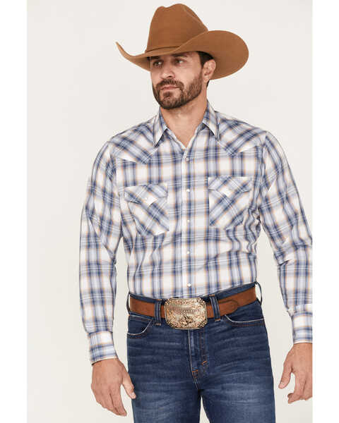 Ely Walker Men's Plaid Long Sleeve Snap Western Shirt, Blue, hi-res