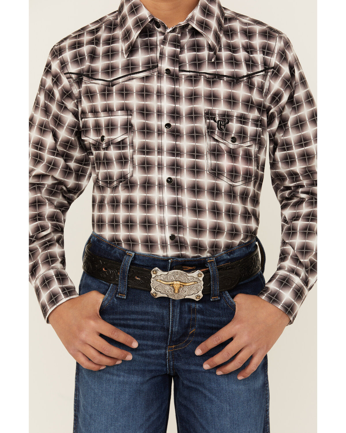 Image #3 - Cowboy Hardware Boys' Plaid Print Long Sleeve Snap Stretch Western Shirt, Black, hi-res