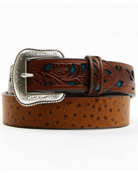 Cody James Brown & Turquoise Faux Ostrich Billet Belt, Chocolate/turquoise, hi-res