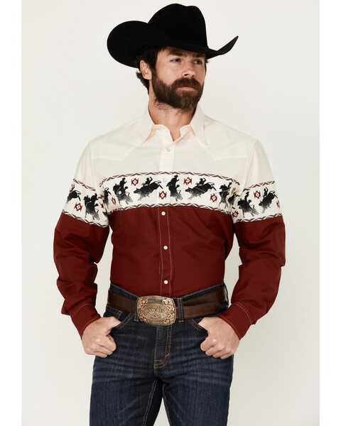 Roper Men's Vintage Bull Rider Border Print Long Sleeve Pearl Snap Western Shirt, Dark Red, hi-res