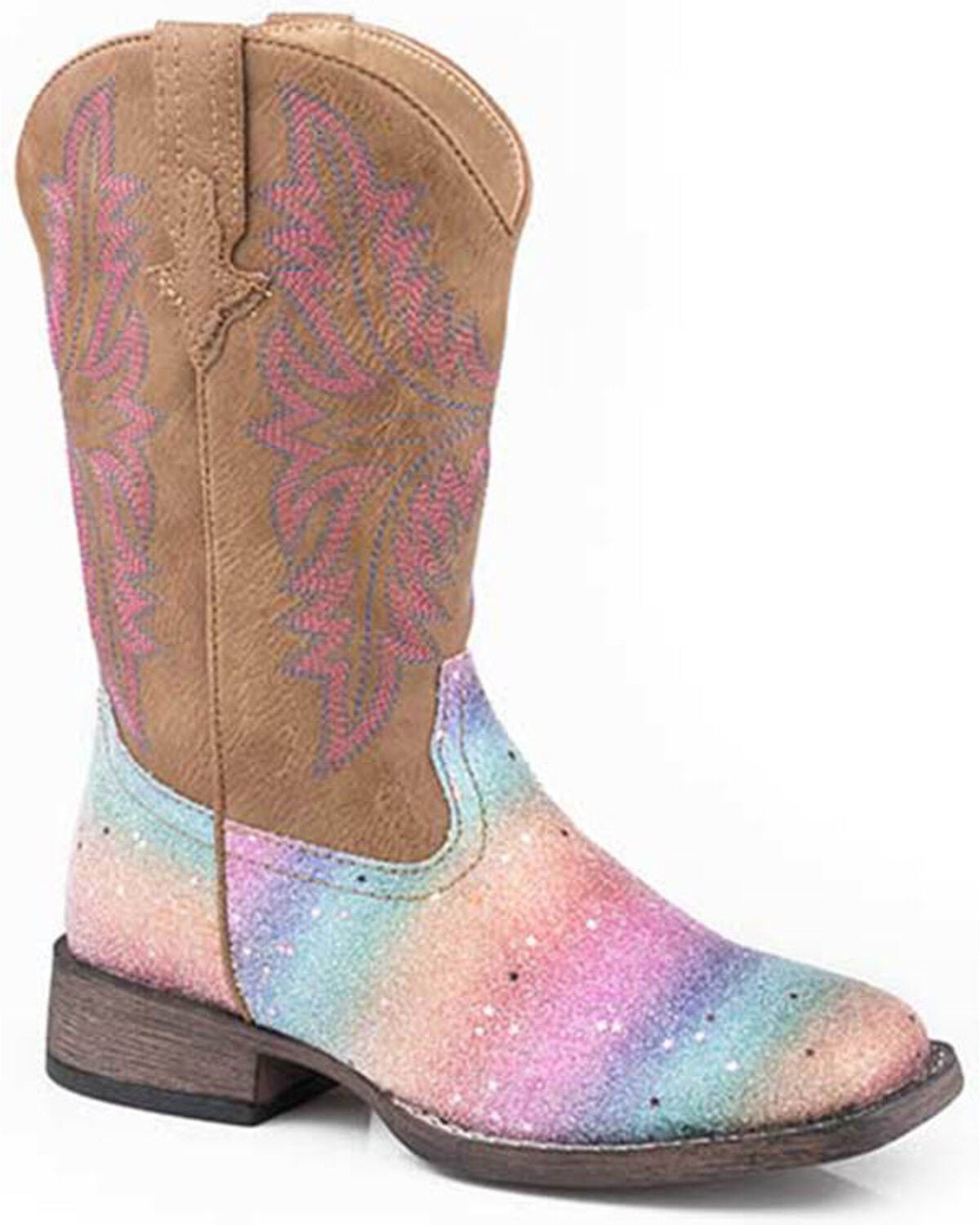 Roper Little Girls' Glitter Rainbow Western Boots - Broad Square Toe, Tan, hi-res