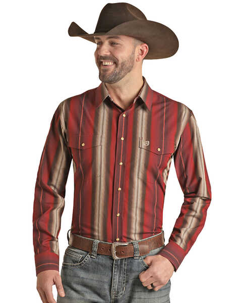 Panhandle Men's Select Serape Striped Long Sleeve Pearl Snap Western Shirt  - Big , Dark Red, hi-res
