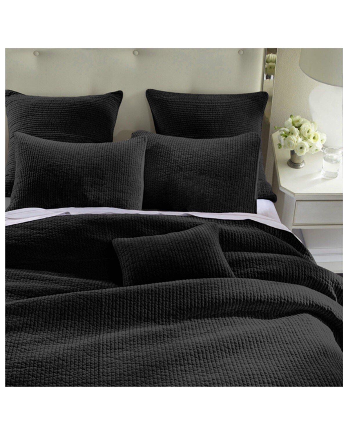 HiEnd Accents Black Stonewashed Cotton & Velvet 3-Piece King Quilt Set, Black, hi-res