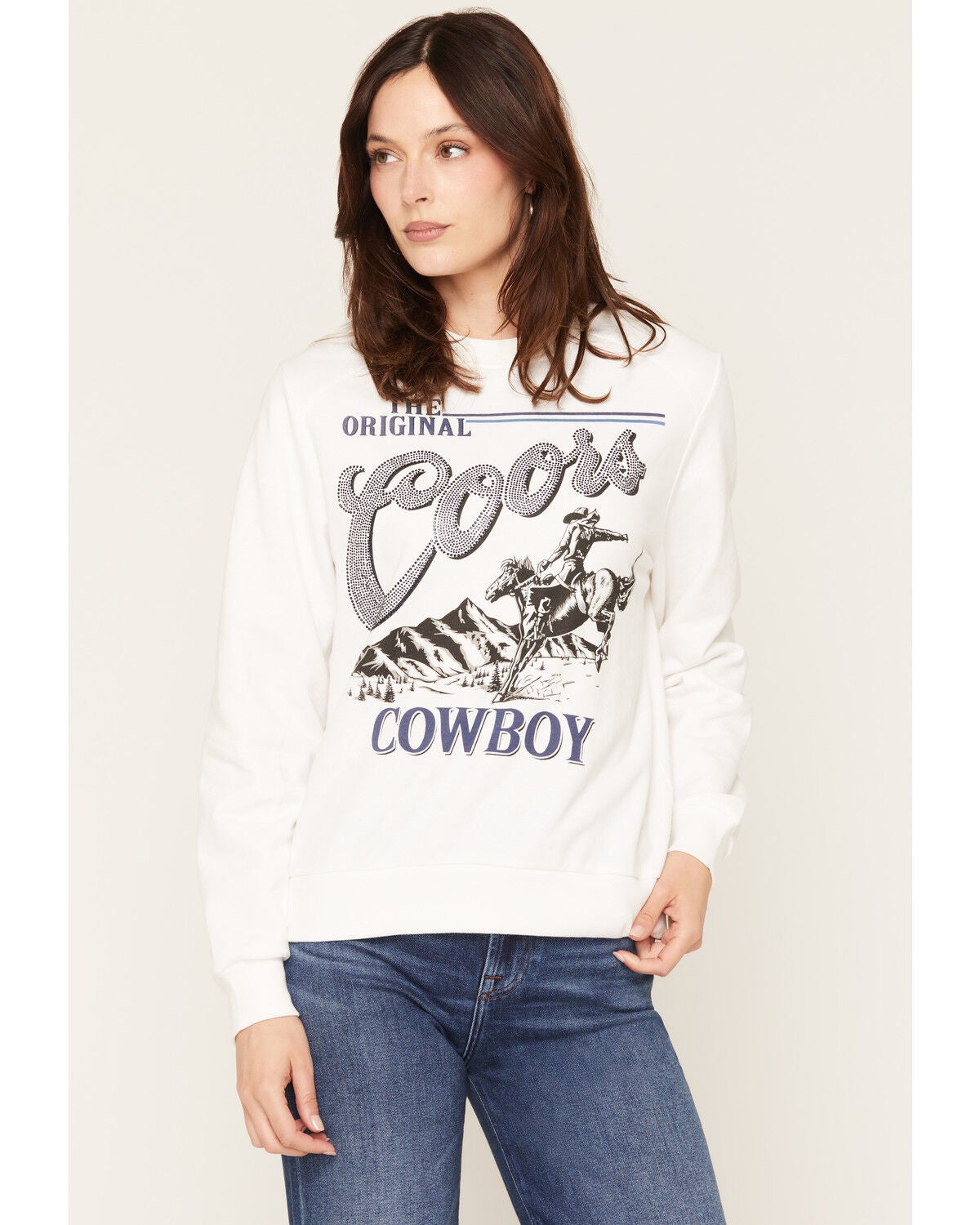 Image #1 - Coors Women's Rhinestone Logo Crew Neck Sweatshirt, White, hi-res