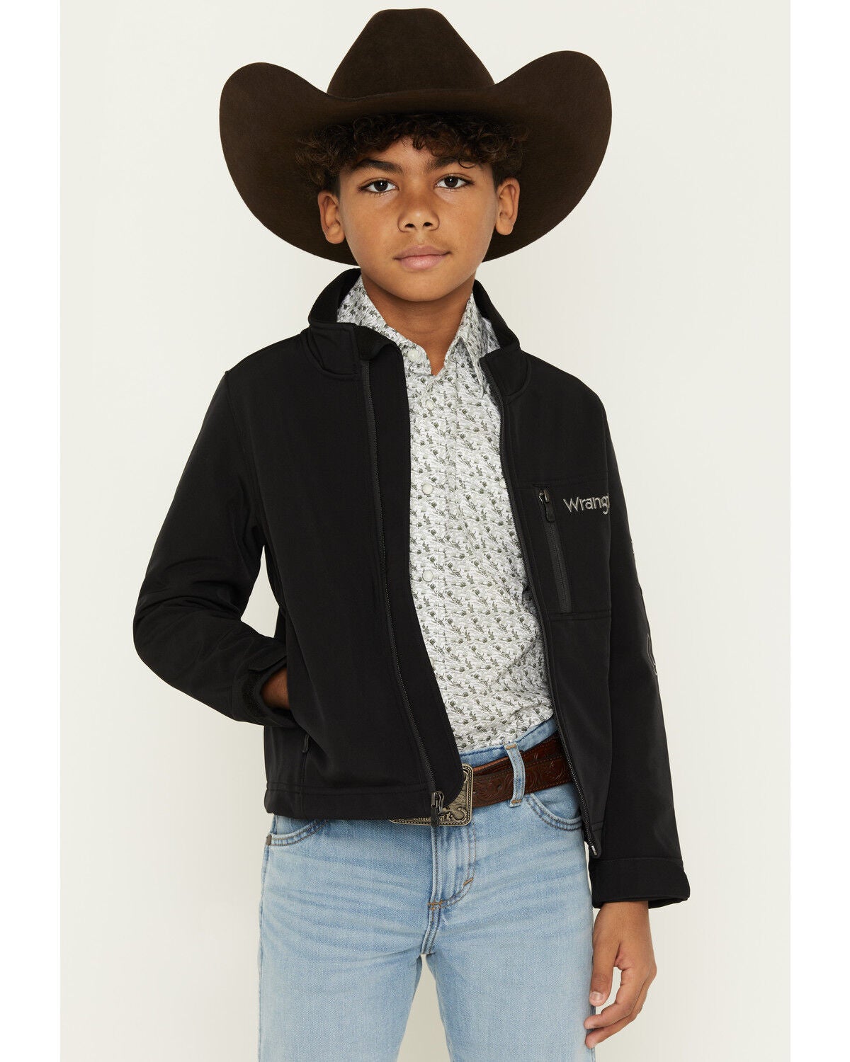 Wrangler Boys' Western Trail Team Logo Zip Jacket, Black, hi-res
