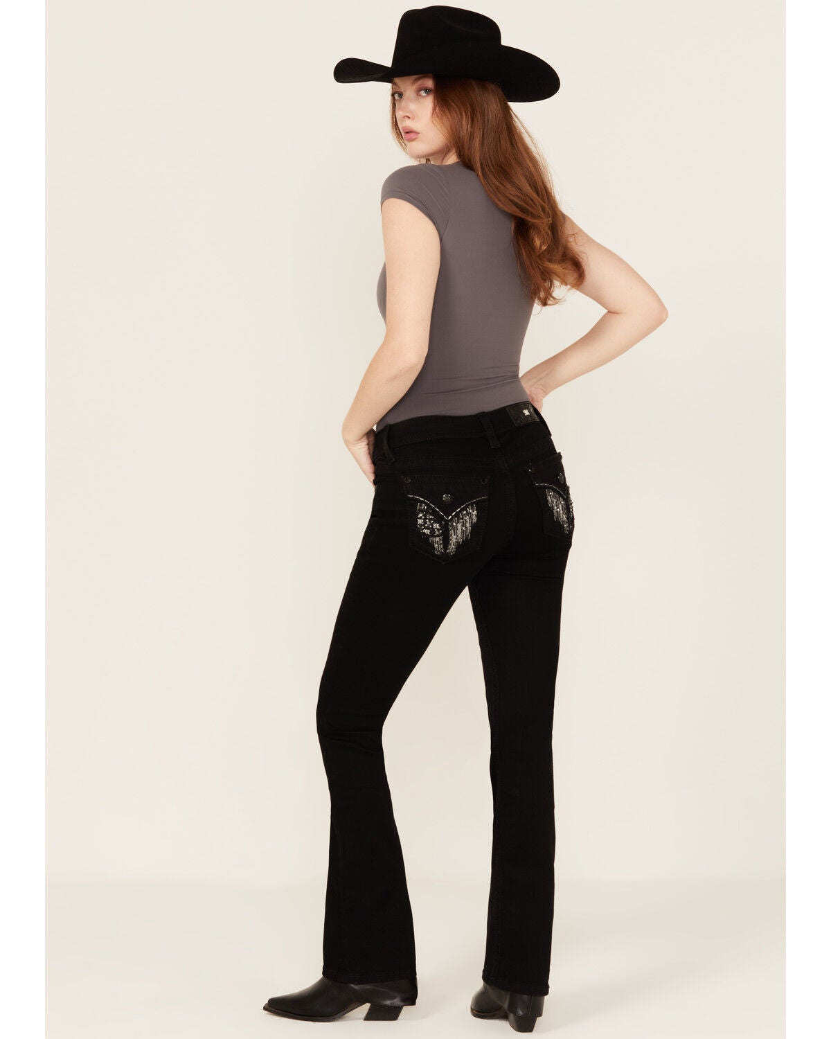 Miss Me Women's Wing Embroidered Mid Rise 32" Bootcut Stretch Denim Jeans, Black, hi-res