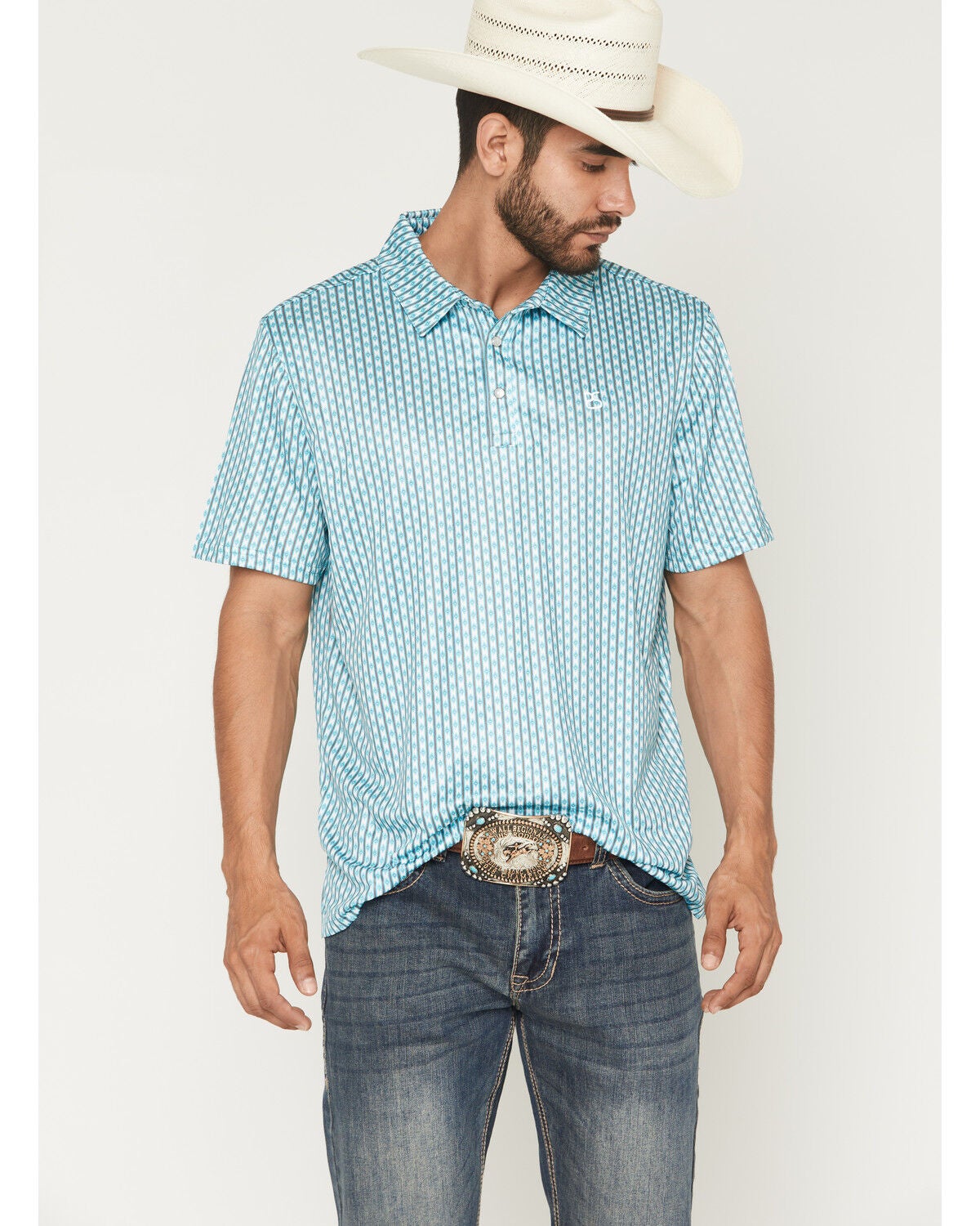 Panhandle Slim Men's Southwestern Striped Short Sleeve Button-Down Polo Shirt, Aqua, hi-res