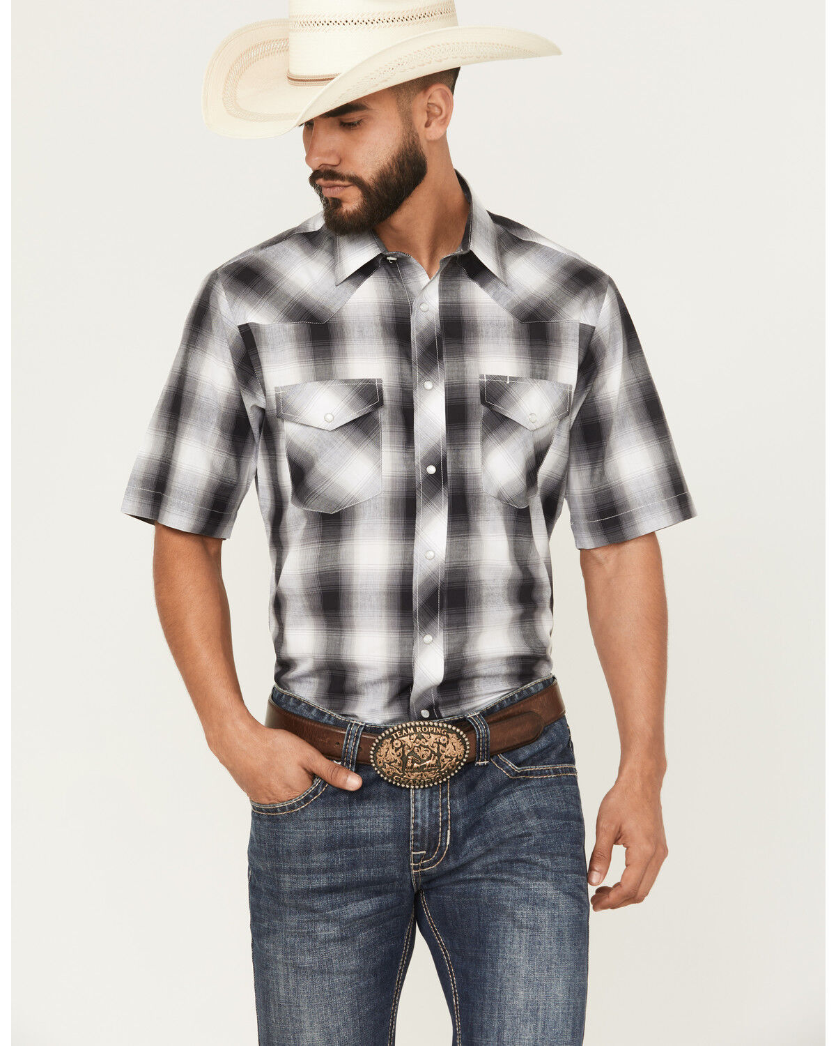 Image #1 - Roper Men's Plaid Print Short Sleeve Snap Western Shirt, Grey, hi-res