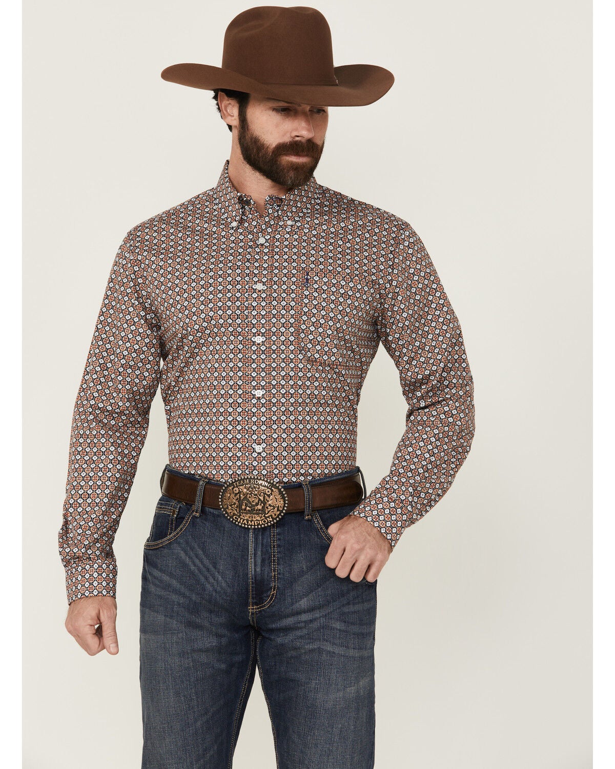 Cinch Men's Geo Print Long Sleeve Button-Down Western Shirt, Multi, hi-res