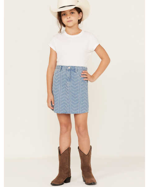 Hayden Girls' Herringbone Textured Denim Skirt, Blue, hi-res
