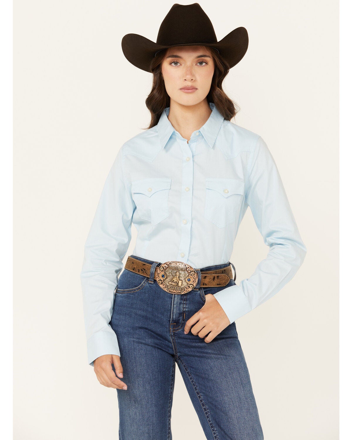 Wrangler Retro Women's Solid Long Sleeve Button-Down Stretch Western Shirt, Light Blue, hi-res