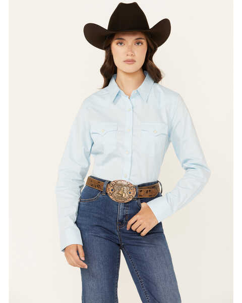 Wrangler Retro Women's Solid Long Sleeve Button-Down Stretch Western Shirt , Light Blue, hi-res