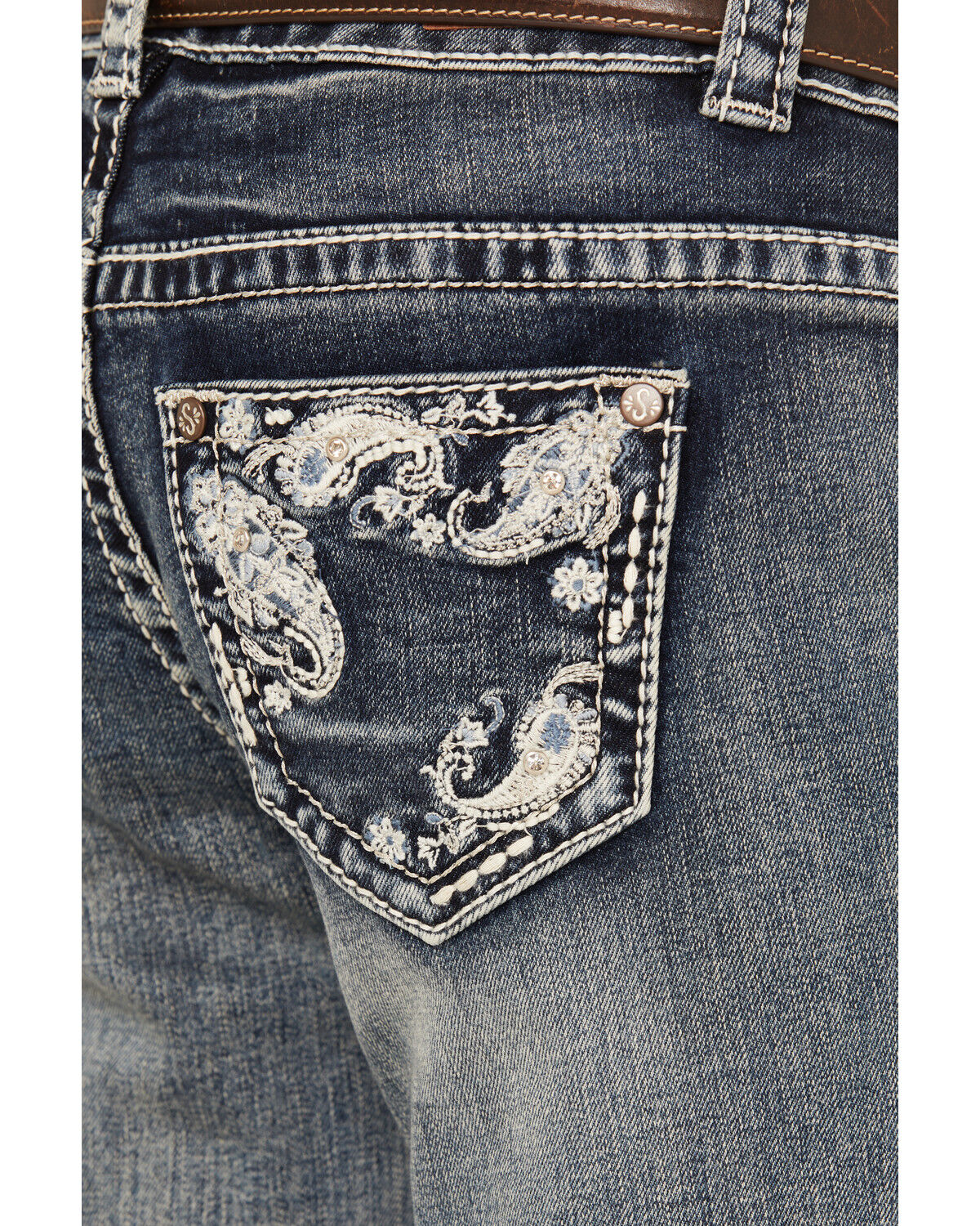Image #2 - Shyanne Girls' Medium Wash Faded Paisley Pocket Stretch Bootcut Jeans, Blue, hi-res