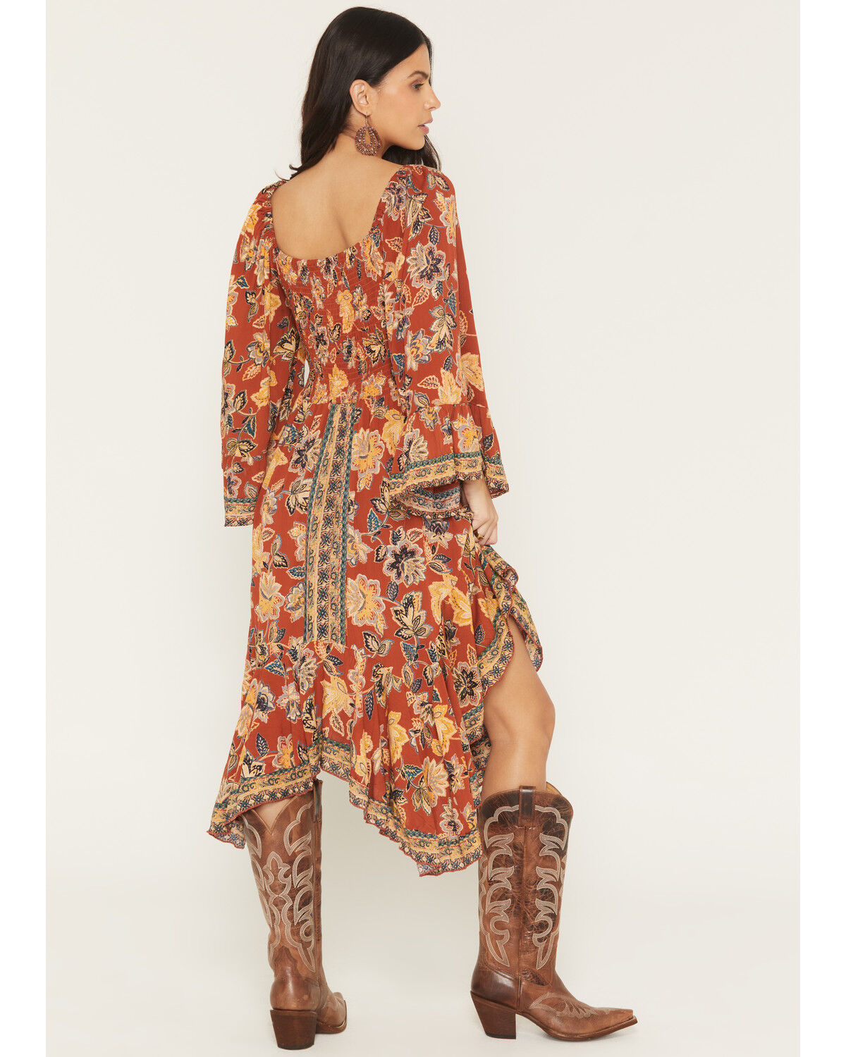Image #4 - Angie Women's Floral Knot Front Long Sleeve Midi Dress, Rust Copper, hi-res