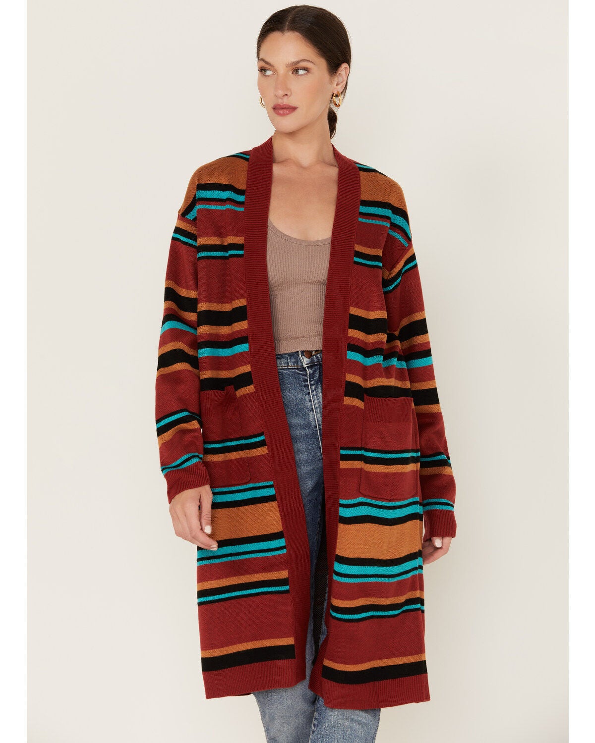 Wrangler Women's Southwestern Stripe Print Duster, Rust Copper, hi-res