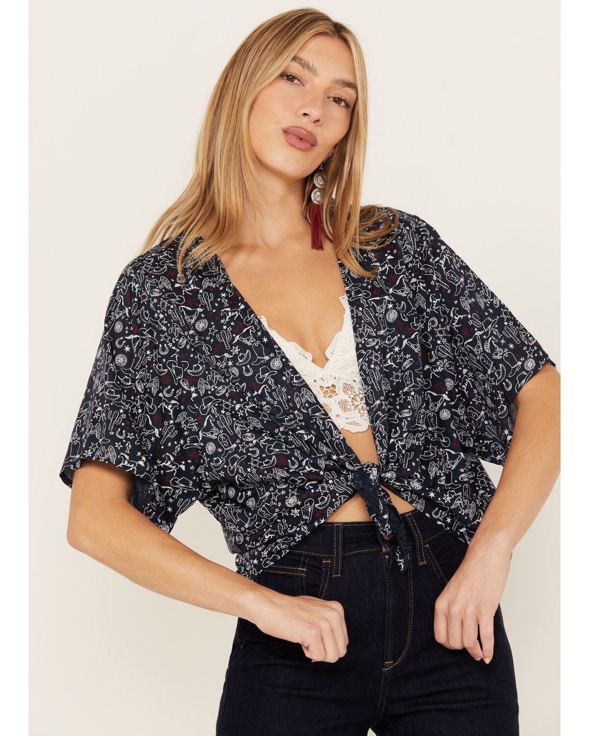 Image #1 - Ariat Women's Howdy Print Short Sleeve Tie Front Wrap, , hi-res