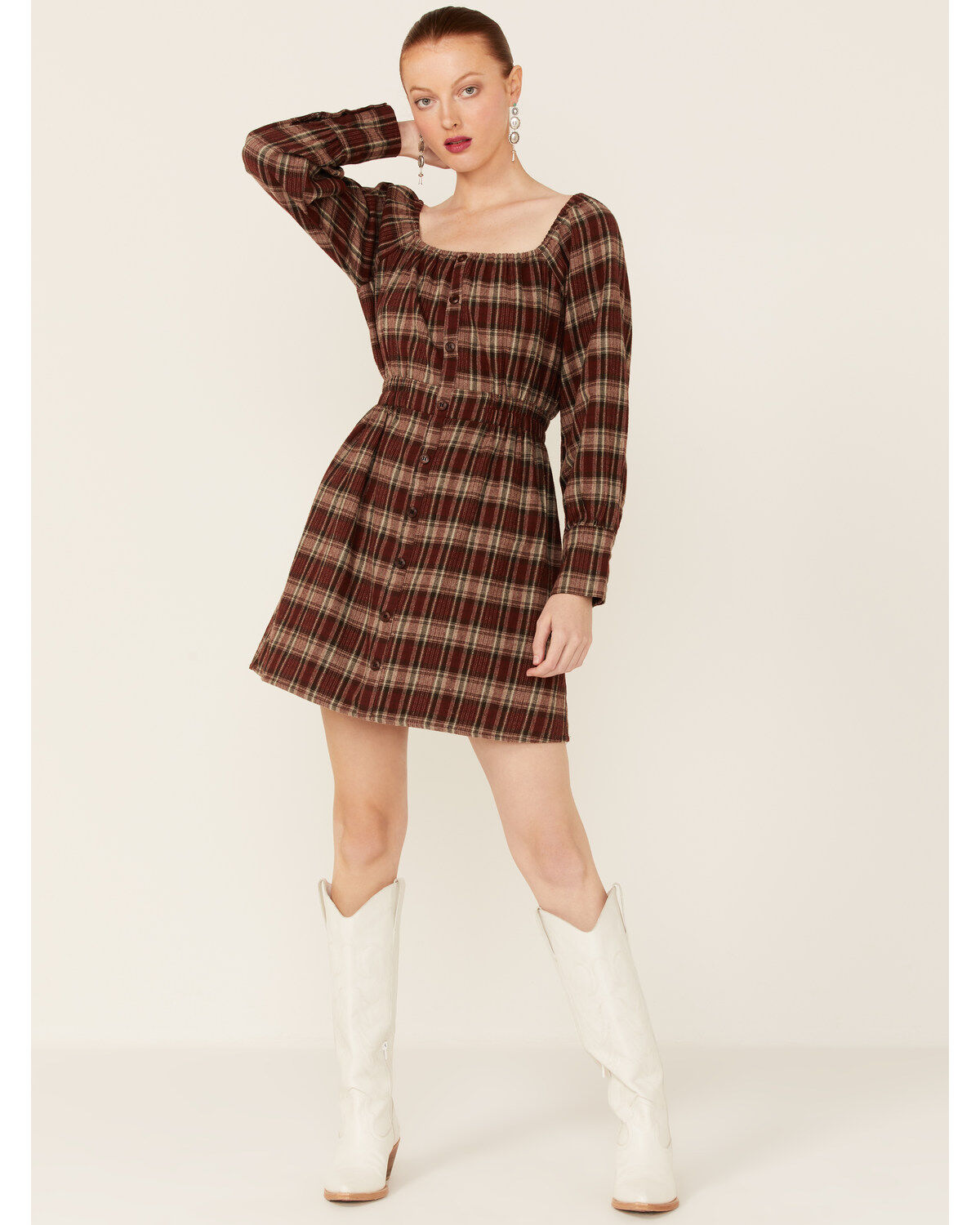 Image #1 - Paper Crane Women's Long Sleeve Plaid Mini Dress, Burgundy, hi-res