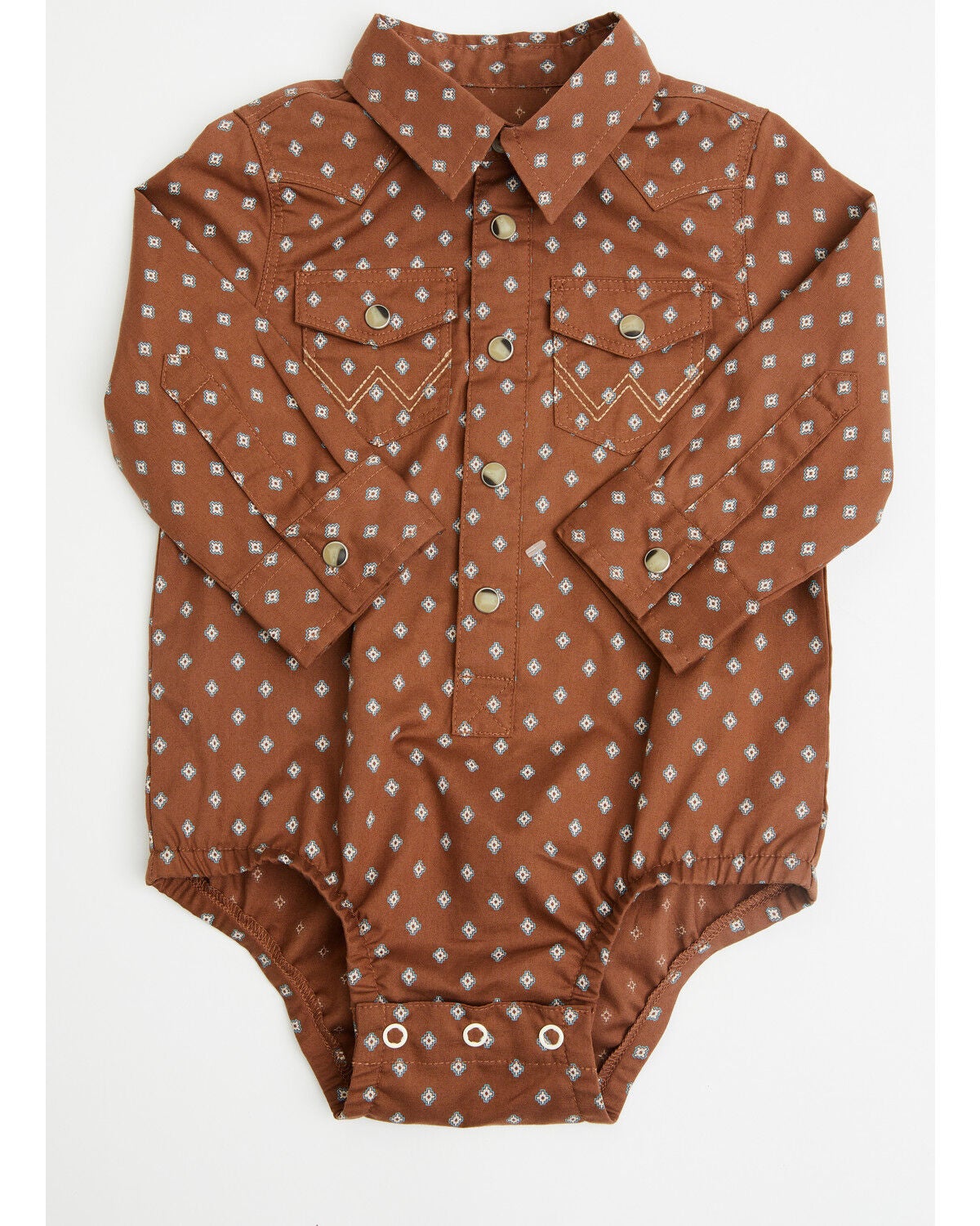 Wrangler Infant Boys' Boot Barn Exclusive Geo Print Long Sleeve Snap Onesie, Brown, hi-res