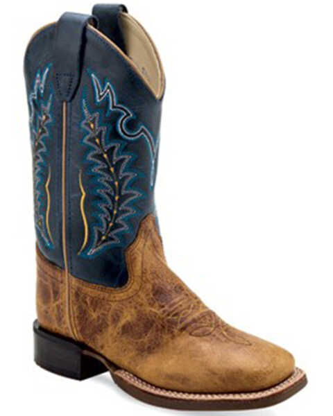 Old West Boys' Cactus Western Boots - Broad Square Toe, Navy, hi-res