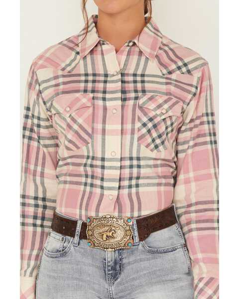 Wrangler Women's Plaid Print Long Sleeve Western Flannel Snap Shirt, Blush, hi-res